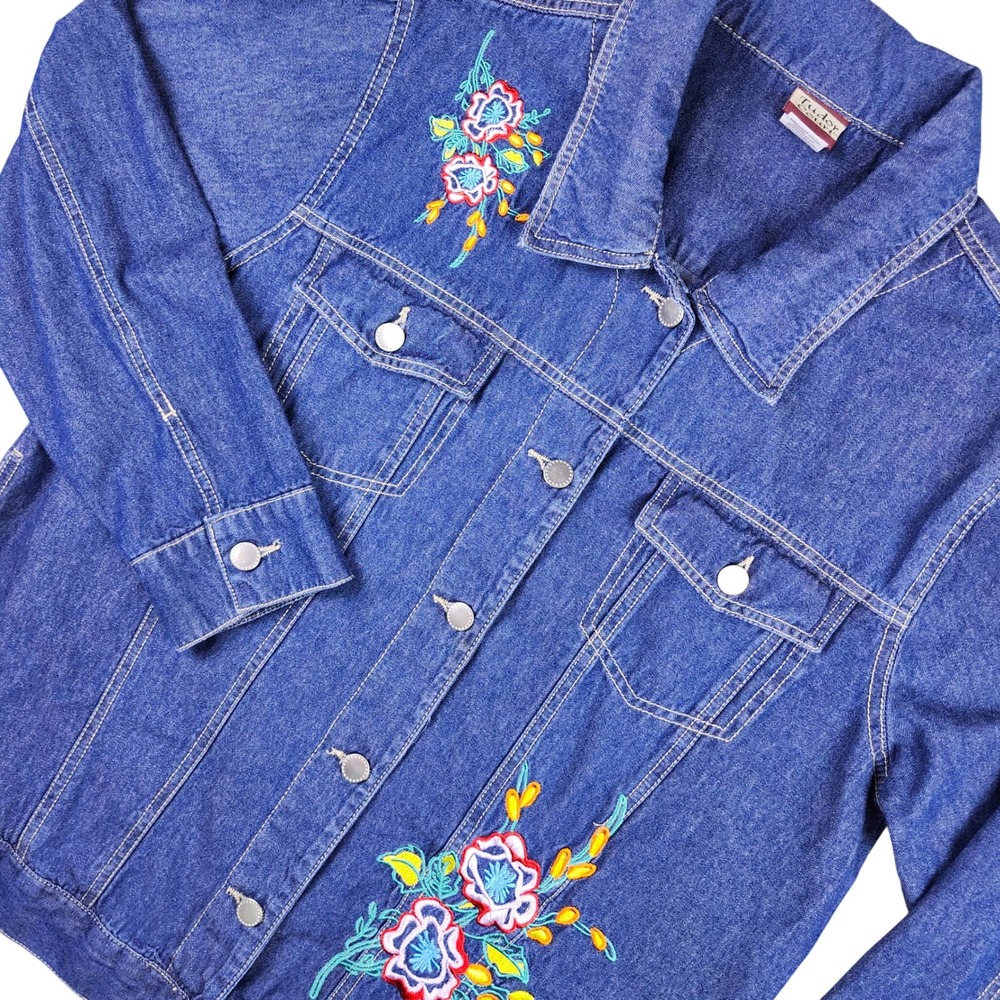 VTG Denim Jacket Shacket Womens Large Blue Floral Embroidered Grannycore Cottage